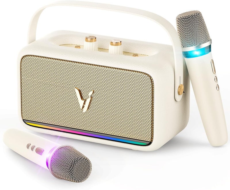 Hinastar Karaoke Machine with 2 Wireless Mics & Soft Leather Wrap |mini Portable Bluetooth Speaker with 5 Voice Changer Modes for Home Party, AUX/USB/TF Support, for Kids and Adults - Image 1